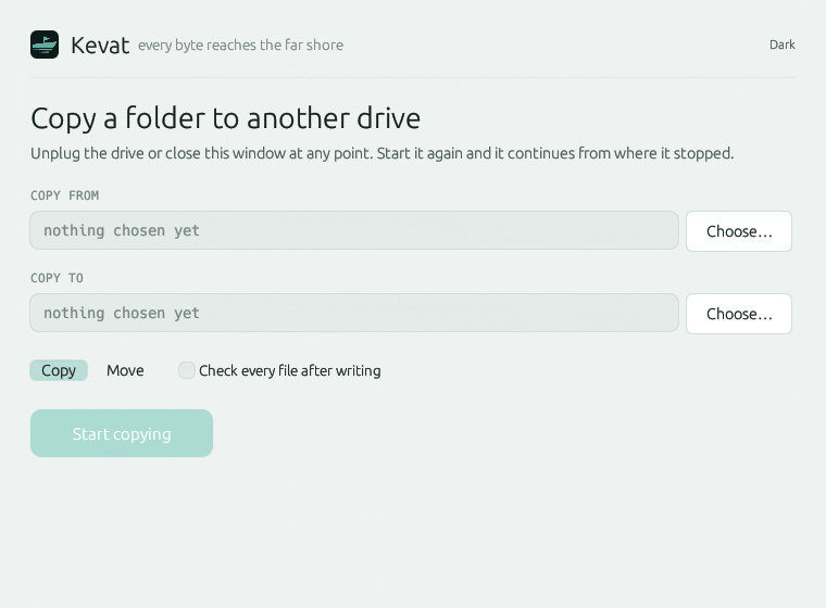 The Kevat window: choosing a source folder, choosing a destination, then a progress
                  screen showing 1.2 GiB of 1.9 GiB copied at 464 MiB/s, ending on a summary reading
                  242 files written in 3.6 seconds.