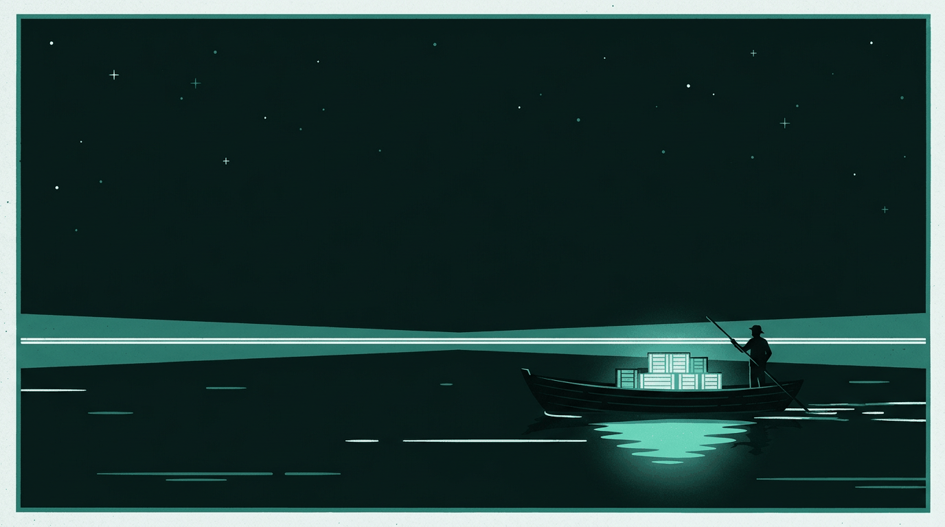 A small ferry crossing dark water at night, carrying glowing crates of data toward the far shore
